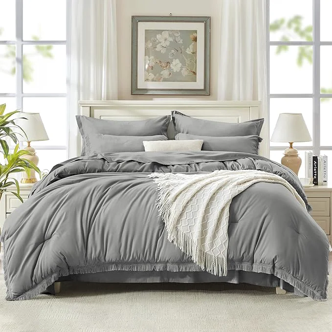 Elite Andency Queen Comforter Set with Sheets Medium Grey – 7 Pieces Boho Tassel Bed in a Bag Soft Lightweight Bedding Sets Fringe Bed Set with Comforter Sheets Pillowcases amp Shams Practical