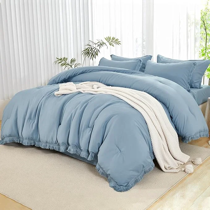 Pure Andency California King Size Comforter Set with Sheets Grayish Blue – 7 Pieces Cal King Bed in a Bag Boho Bedding Sets Bed Set with Comforter Sheets Pillowcases amp Shams Proven
