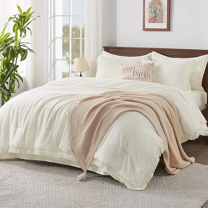 Fine Andency Ivory Full Size Comforter Set with Sheets – 7 Pieces Boho Tassel Bed in a Bag Soft Lightweight Bedding Sets Ivory Fringe Bed Set with Comforter Sheets Pillowcases amp Shams World-Class