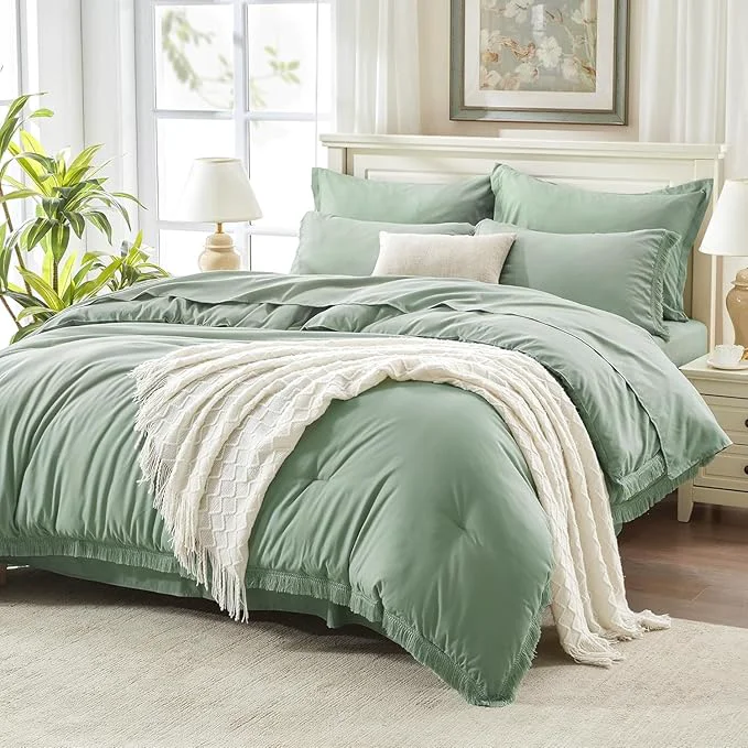 Fine Crafted Andency Oversized King Comforter Set with Sheets 120×120 Sage Green – 7 Pieces Boho Tassel Bed in a Bag Soft Lightweight Bedding Sets Fringe Bed Set with Comforter Sheets Pillowcases amp Shams Refined