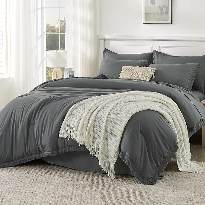 Fine Crafted Andency California King Size Comforter Set with Sheets Dark Grey – 7 Pieces Cal King Bed in a Bag Boho Bedding Sets Dark Grey Bed Set with Comforter Sheets Pillowcases amp Shams Expertly Made