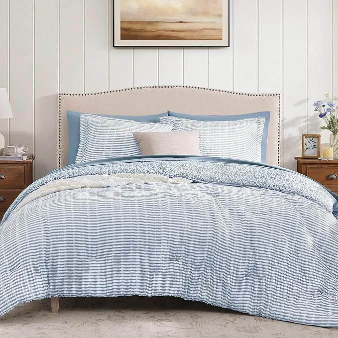 Dependable Queen Comforter Set – 7 Pieces Blue Gauze Muslin Bedding Sets for All Seasons Lightweight Breathable Bed in a Bag Queen with Revesible Farmhouse Comforter Sheets Pillowcases amp Shams Fashionable