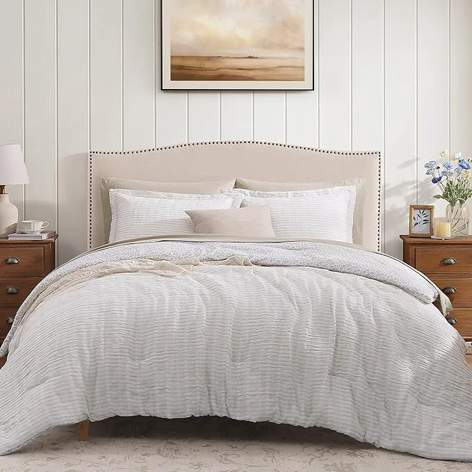 High-Grade Queen Comforter Set – 7 Pieces Beige Gauze Muslin Bedding Sets for All Seasons Lightweight Breathable Bed in a Bag Queen with Revesible Farmhouse Comforter Sheets Pillowcases amp Shams Detailed