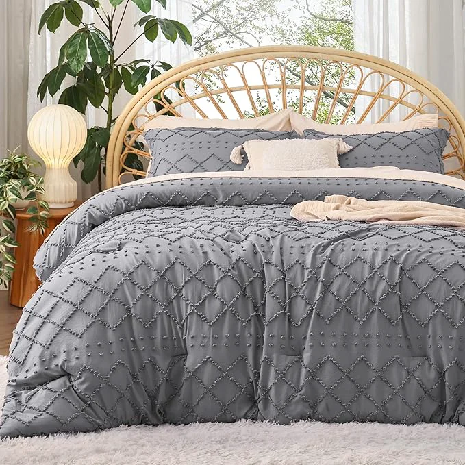 Original Design Bedsure Twin Comforter Set – Grey Comforter Boho Tufted Shabby Chic Bedding for Kids 2 Pieces Vintage Farmhouse Bed Set for All Seasons Fluffy Soft Bedding with 1 Pillow Sham Effective
