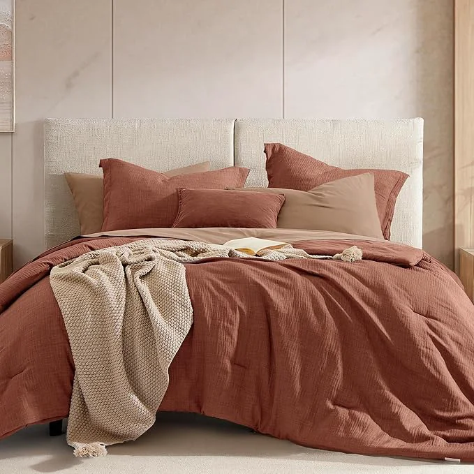 Genuine Geniospin Full Size Comforter Set- 7 Pieces Terracotta Textured King Bedding Set Soft Solid Bed in a Bag for All Seasons Fall Comforter Set with Sheets Fashionable