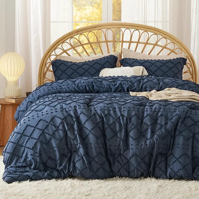 Smooth Bedsure Oversized Queen Comforter Set – Navy Blue Comforter Boho Tufted Shabby Chic Bedding 3 Pieces Vintage Farmhouse Bed Set for All Seasons Fluffy Soft Bedding with 2 Pillow Shams Natural