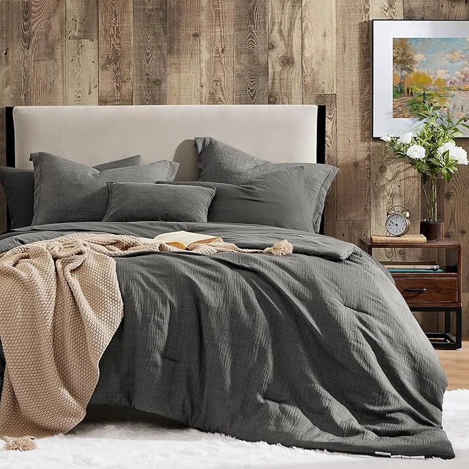 Versatile Geniospin King Size Comforter Set- 7 Piece Grey Textured King Bedding Set Soft Solid Bed in a Bag for All Season King Comforter Set with Sheets Grey 102 39 39 x90 39 39 Long-Lasting
