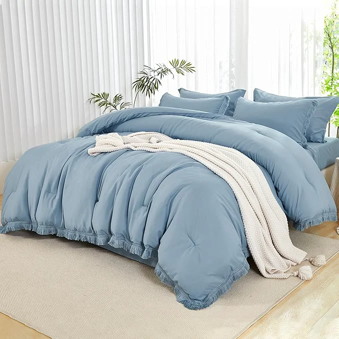 Genuine Andency Queen Comforter Set with Sheets Grayish Blue -7 Pieces Boho Tassel Bed in a Bag Soft Lightweight Bedding Sets All Season Fringe Bed Set with Comforter Sheets Pillowcases amp Shams High-End