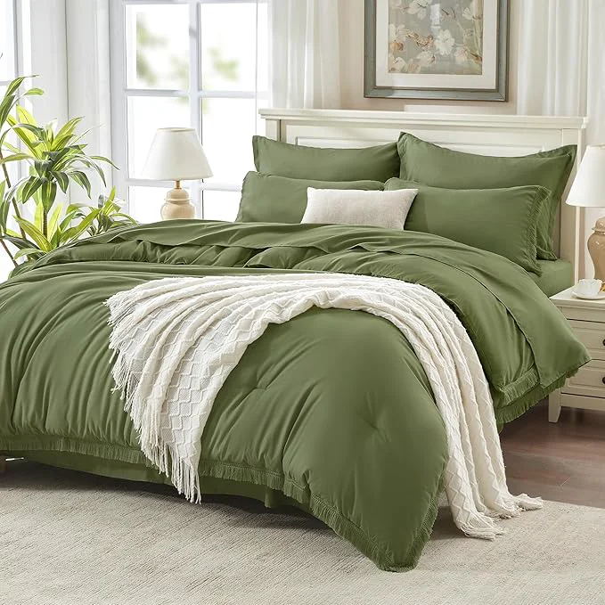 Original Andency Full Size Comforter Set with Sheets Olive Green -7 Pieces Bed in a Bag Boho Tassel Bedding Sets All Season Fringe Bed Set with Comforter Sheets Pillowcases amp Shams Safe