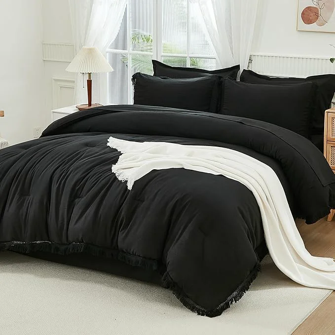 Practical Andency California King Size Black Comforter Sets with Sheets – 7 Pieces Boho Tassel Bed in a Bag Soft Lightweight Bedding Sets Black Fringe Bed Set with Comforter Sheets Pillowcases amp Shams Durable