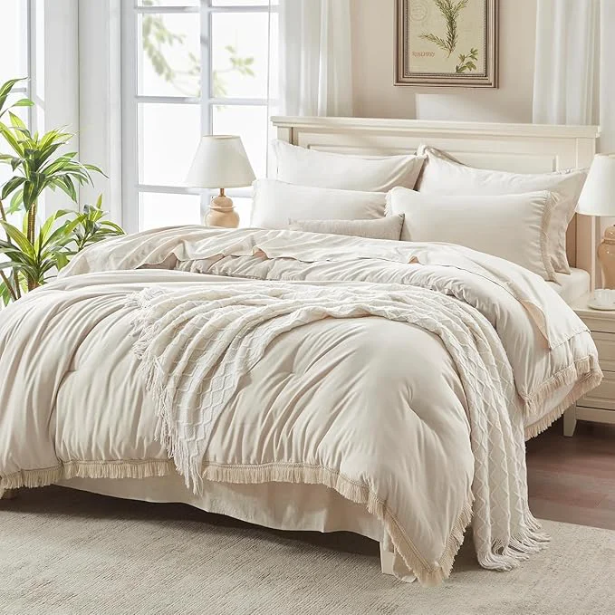 Official Andency Beige Comforter Set Full Size with Sheets -7 Pieces Boho Tassel Bed in a Bag Soft Lightweight Bedding Sets All Season Fringe Bed Set with Comforter Sheets Pillowcases amp Shams Superior