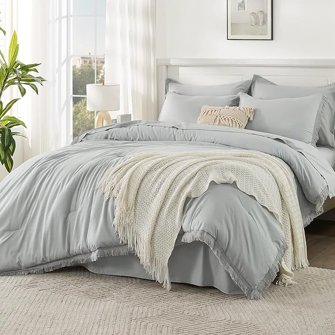 Official Andency Light Grey King Size Comforter Set with Sheets – 7 Pieces Boho Tassel Bed in a Bag Soft Lightweight Bedding Sets Light Grey Fringe Bed Set with Comforter Sheets Pillowcases amp Shams User-Friendly
