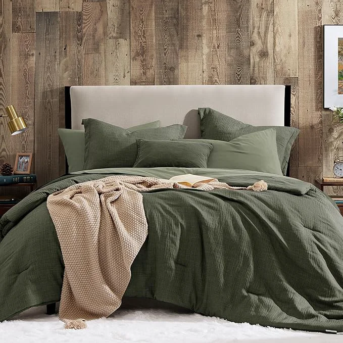 Efficient Geniospin Dark Olive Green Queen Comforter Set – 7 Pieces Comforter Queen Size Solid Bedding Set for All Season Textured Bed in a Bag with Sheets Carefully Designed