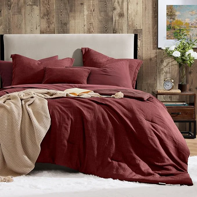 Modern Geniospin King Comforter Set – 7 Pieces Comforter King Size Soft Solid Bedding Set for All Season Dark Red Textured Bed in a Bag with Sheets Pillowcases amp Shams Carefully Designed