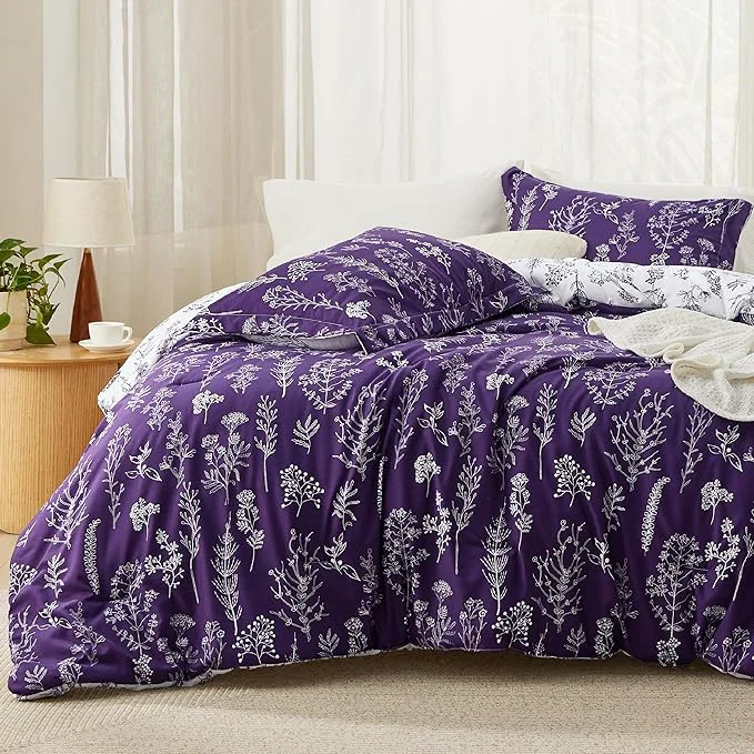 Solid Bedsure Twin Twin XL Comforter Set – Dark Purple Bed Set 2 Pieces Cute Floral Bedding 1 Soft Reversible Botanical Flowers Comforter and 1 Pillow Sham First-Class