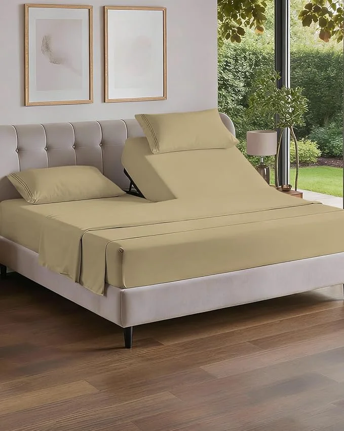 Contemporary Flex Top Split Head King 4 Piece Sheet Set – Comfy Breathable amp Cooling Bed Sheets Set – Hotel Luxury Bedding for Women Men Kids Teens Boys amp Girls – Deep Pockets Ultra-Soft – Oeko-Tex – Beige Environmentally Friendly