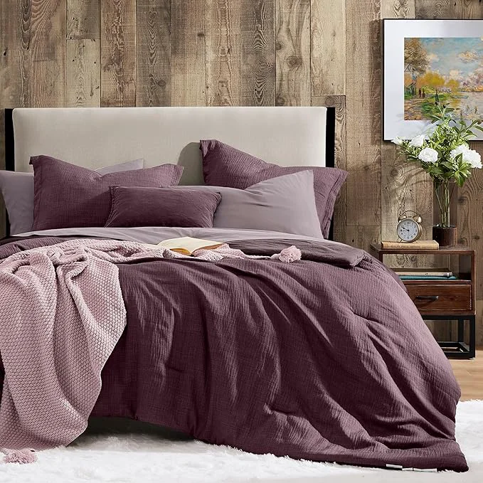 Trendy Geniospin Purple Queen Comforter Set – 7 Pieces Egglant Comforter Queen Size Solid Bedding Set for All Season Textured Bed in a Bag with Sheets Detailed