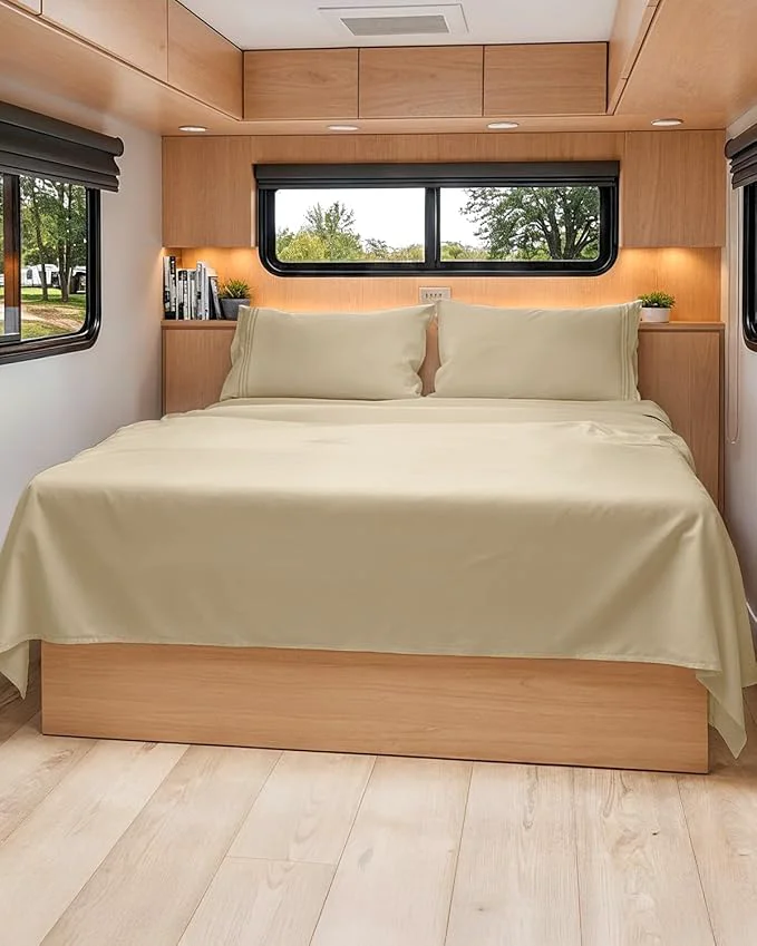 Expertly Made RV Short Queen Sheet Set 60 X 75 – 4 Piece RV Short Queen Bed Sheets – Soft Breathable amp Cooling – Designed for Bunks Trailers and Campers – Fits 8 to 12 quot Mattress – Hotel Luxury Bedding – Beige Fast