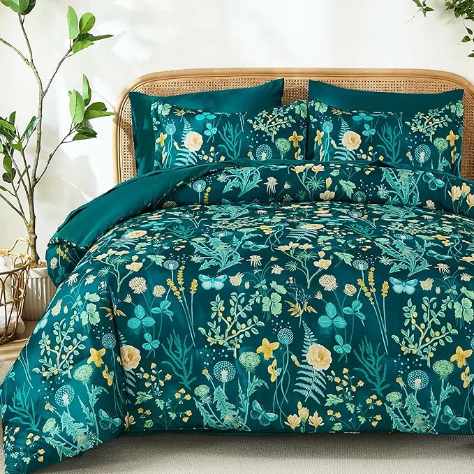 Organic Yiran Queen Comforter Set 7 Piece Teal Green Floral Bedding Set Bed in a Bag Queen Size with Botanical Flowers Spring Soft Lightweight Complete Comforters with Sheets for All Season Next-Generation
