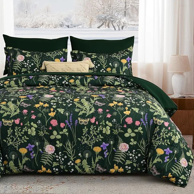 Professional Yiran Dark Green California King Comforter Set 7 Piece Summer Floral Comforter Bedding Set Bed in a Bag with Flowers Pattern Soft Microfiber Complete Bedding Set with Sheets for All Season Versatile