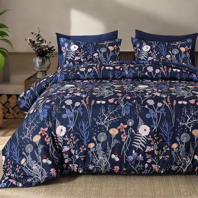 Trendy Yiran Queen Comforter Set 7 Pieces Navy Blue Floral Soft Bedding Sets Queen Bed in a Bag with Botanical Flowers Winter Comforter Sheets Pillowcases amp Shams Dependable