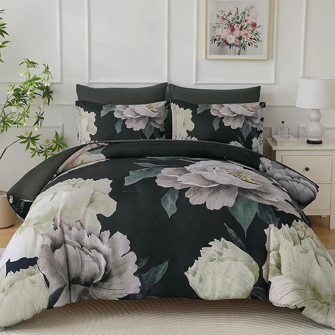 Dobuyly Black Comforter Set Queen 7 Piece Bed in a Bag Floral Comforter Set with Sheets Soft Microfiber Botanical Flower Bedding Set for All Season Effective