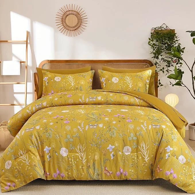 Proven Yiran King Size Comforter Set 7 Pieces Yellow Floral Soft Bedding Sets King Bed in a Bag Botanical Flowers All Season Comforter Sheets Pillowcases amp Shams High-End