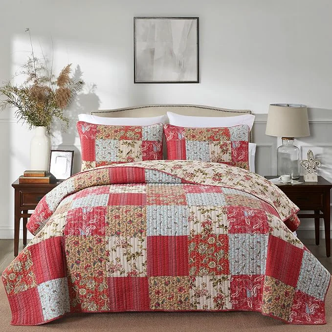Sustainable Secgo King Size Comforter Set- Cotton Quilt King Size Set Green Sage bedspreads 96 108 Inch with 2 Pillow Shams Patchwork Reversible Lightweight Bedding Soft