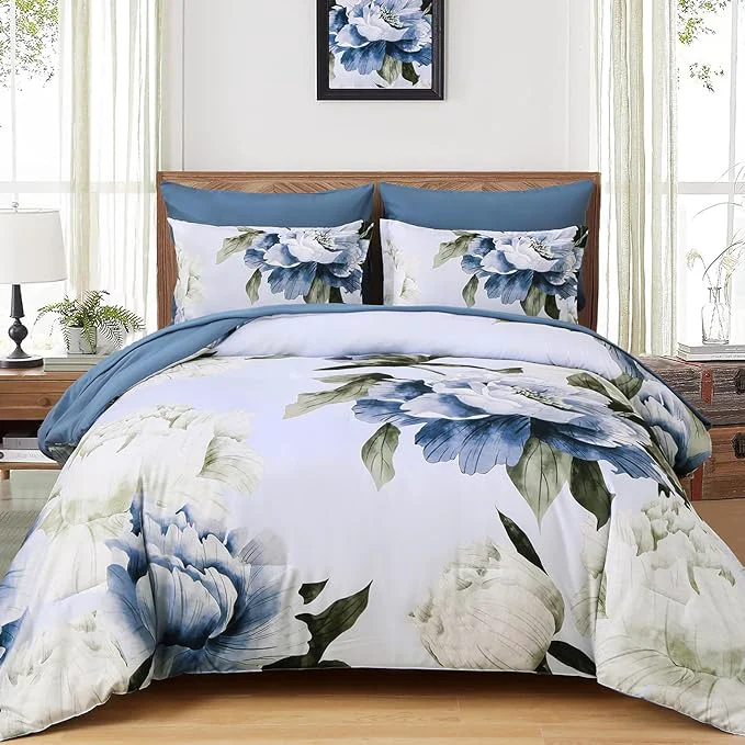 Luxury Dobuyly California King Comforter Set 7 Piece Bed in a Bag Blue Floral Printed on Light Blue Cal King Comforter Set with Sheets Soft Microfiber Botanical Complete Bedding Set for All Season Verified