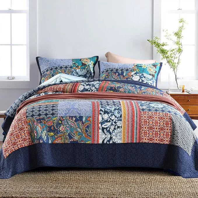 Detailed Secgo Queen Comforter Set for Bed – Cotton Quilts Queen Size Navy Bohemia Bedspreads 90 98 Inch with 2 Pillow Shams Patchwork Reversible Lightweight Bedding Efficient
