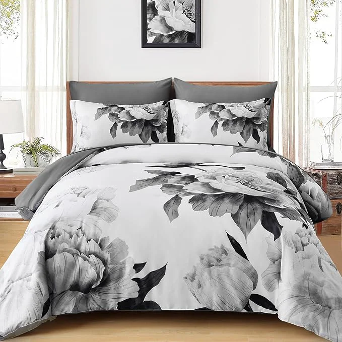 Traditional Dobuyly Grey Full Size Comforter Set 7 Piece Bed in a Bag Gray Floral Printed on White Comforter Set with Sheets Soft Microfiber Botanical Farmhouse Bedding Set for All Season Relaxed