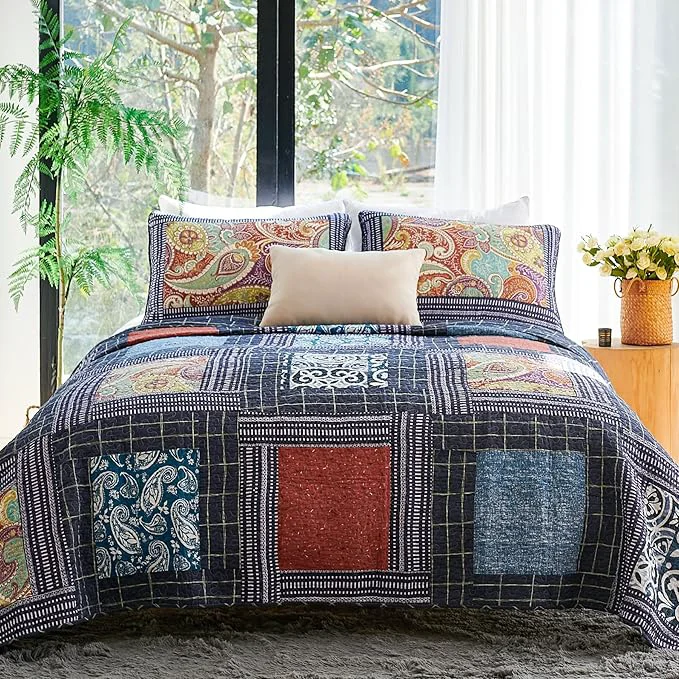 Durable Secgo King Size Comforter Set- Cotton Quilt King Size Set Black bedspreads 96 108 Inch with 2 Pillow Shams Patchwork Reversible Lightweight Bedding Trendy