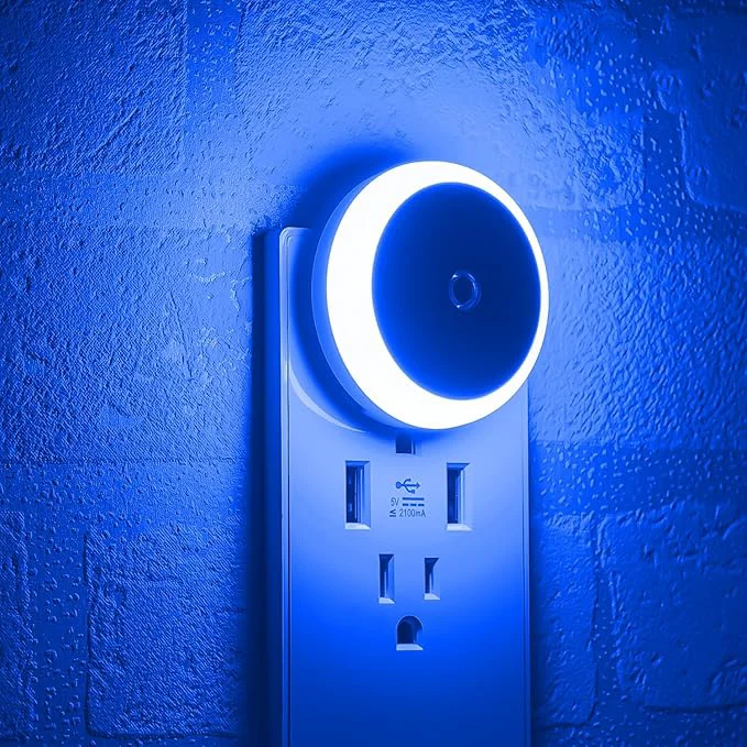 Pure Blue LED Night Light Plug in Dusk to Dawn Smart Sensor Small Round Nightlight Safe