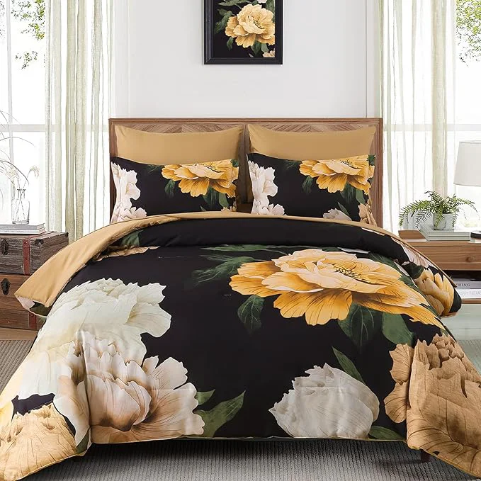 Easy-to-Use Dobuyly King Size Comforter Set 7 Piece Bed in a Bag Yellow Brown Floral Printed on Black Comforter Set with Sheets Soft Microfiber Botanical Boho Complete Bedding Set for All Season High-Performance