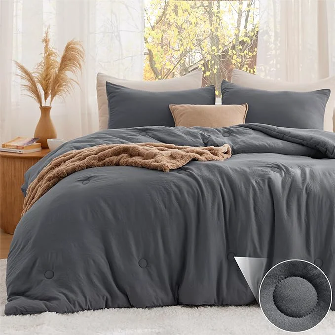 Eco-Friendly Bedsure Queen Comforter Set Dark Grey Soft Prewashed Queen Size Bedding Quilted Comforter with Circle Design Down Comforter for All Seasons 3 Pieces Bed Set with 2 Pillow Shams