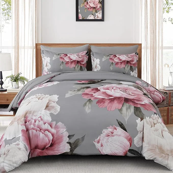 Reusable Dobuyly Pink and Grey Comforter Set Full Size 7 Piece Bed in a Bag Floral Printed on Gray Full Comforter Set with Sheets Soft Microfiber Botanical Complete Bedding Set for All Season Smart