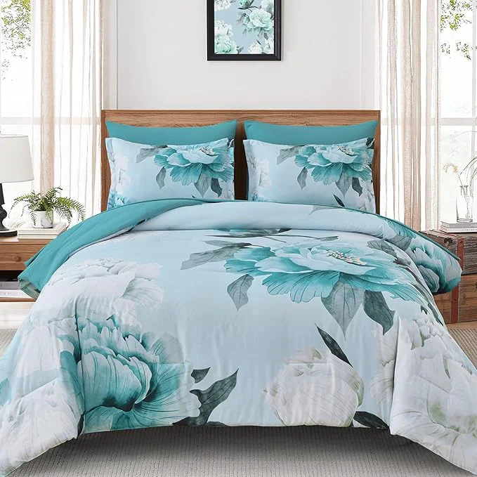 Efficient Dobuyly Floral Comforter Set King Size 7 Piece Bed in a Bag Aqua Flowers on Light Blue Comforter Set with Sheets Soft Microfiber Botanical Complete Bedding Set for All Season Fine Crafted