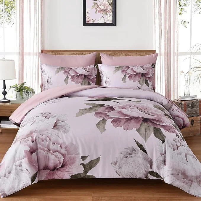 Crafted Dobuyly Pink King Size Comforter Set 7 Piece Bed in a Bag Blush Floral Printed on Light Pink Comforter Set with Sheets Soft Microfiber Botanical Flower Bedding Set for All Season World-Class