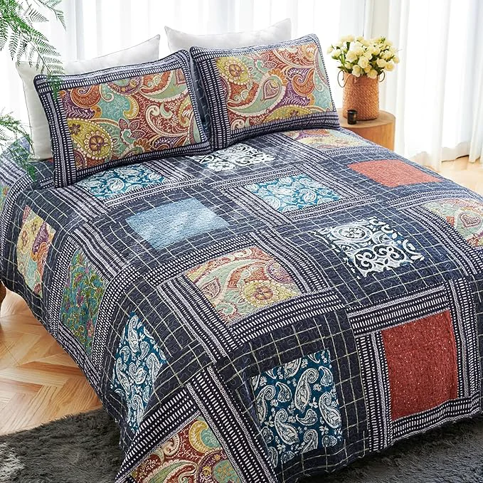 Pure Secgo California King Quilt Size – Cotton Oversized California Comforter Set Bedding Sets 120 110 Inch with 2 Pillow Shams Patchwork Reversible Lightweight Bedspread Sustainable
