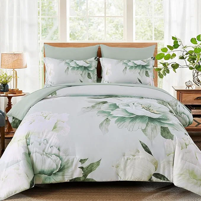 Fast Dobuyly Floral King Size Comforter Set 7 Piece Bed in a Bag Sage Green Reversible Comforter Set with Sheets Soft Microfiber Botanical Flowers Summer Bedding Set for All Season Flexible