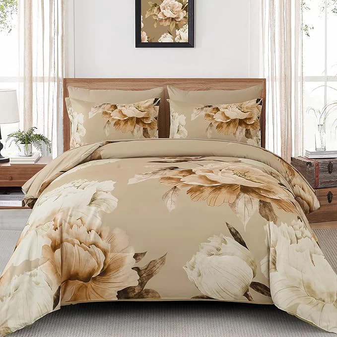 Consistent Dobuyly Khaki King Size Comforter Set 7 Piece Bed in a Bag King Taupe Floral Fall Comforter Set with Sheets Soft Microfiber Farmhouse Complete Bedding Set for All Season Prestigious