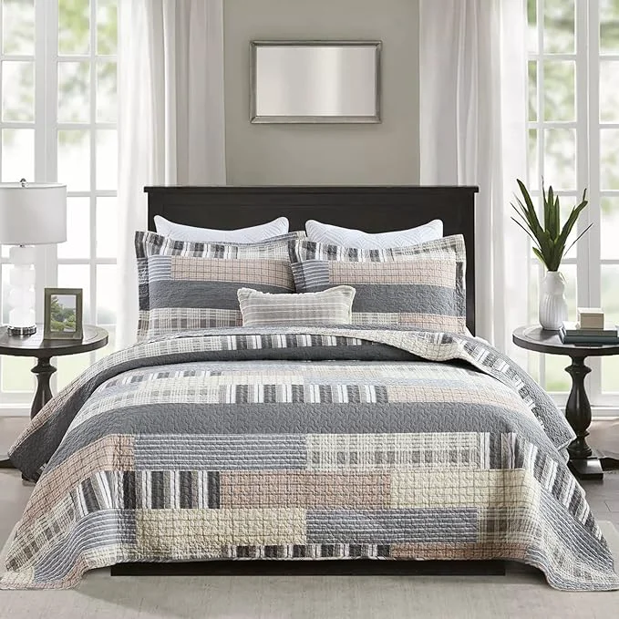 Next-Generation PANGUSHAN Quilt Set Queen Size Cotton Quilt Bedding Set Bedspreads Patchwork Plaid Farmhouse Reversible Lightweight Comforter Bed Spread for Queen Bed Gray Brown 3 Pieces Environmentally Friendly
