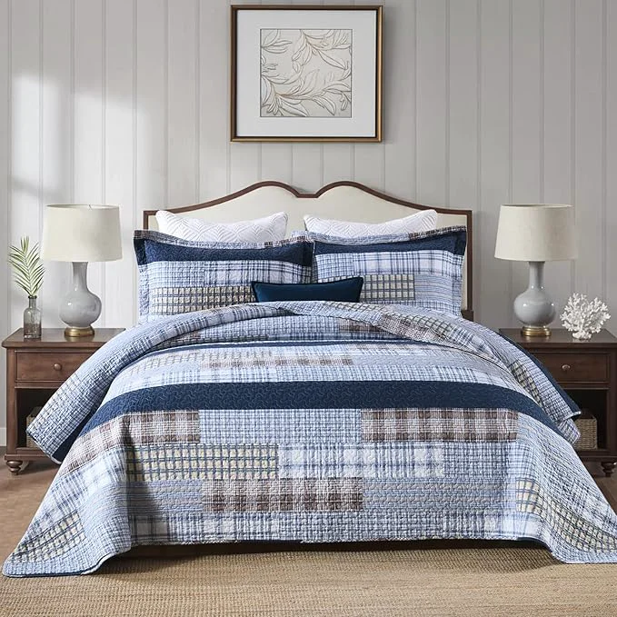 Verified PANGUSHAN Quilt Set Queen Size Cotton Quilt Bedding Set Bedspreads Patchwork Plaid Farmhouse Reversible Lightweight Comforter Bed Spread for Queen Bed Blue 3 Pieces Healthy