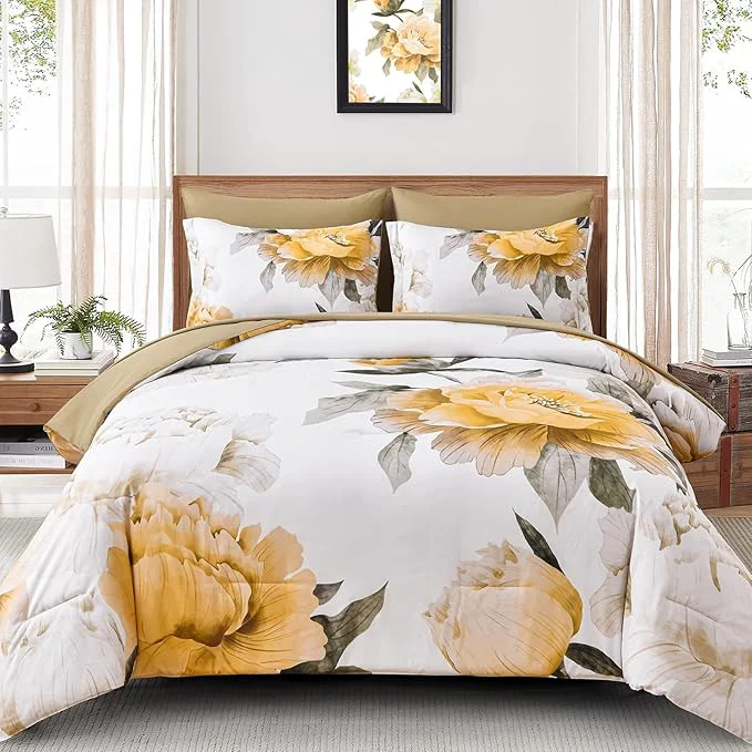 Exceptional Dobuyly Yellow Comforter Set Queen Size 7 Piece Bed in a Bag Yellow Floral Comforter Set with Sheets Soft Microfiber Botanical Complete Bedding Set for All Season Clean