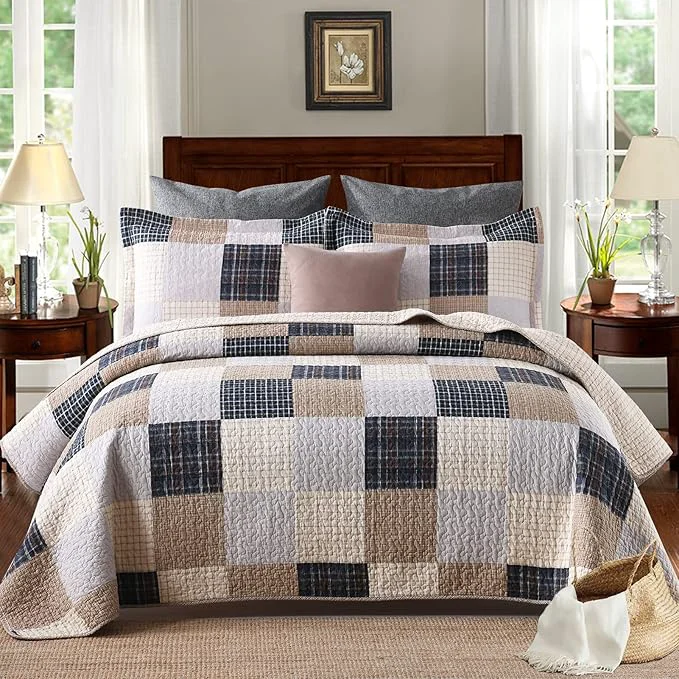 Smart PANGUSHAN Quilts Set King Size Cotton Quilt Patchwork Plaid King Quilt Bedding Set Bedspreads Farmhouse Rustic Lightweight Comforter for King Bed Cream Brown Blue-Black Off-White Bed Spread Environmentally Friendly
