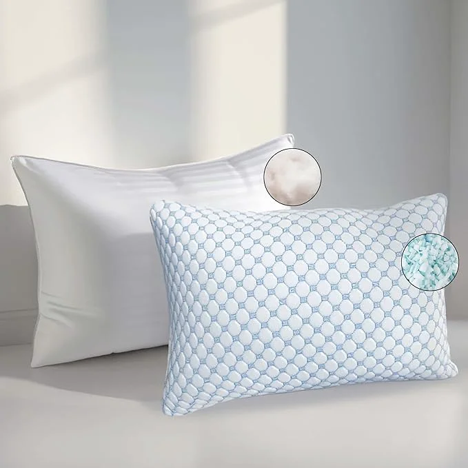 Selected Nestl Cooling Memory Foam Pillow with Down Pillows Combo Set – King Size Set of 2 1 Soft and 1 Firm Adjustable for Side Back or Stomach Sleepers Breathable Washable Cool Cover 20 x36 Exclusive