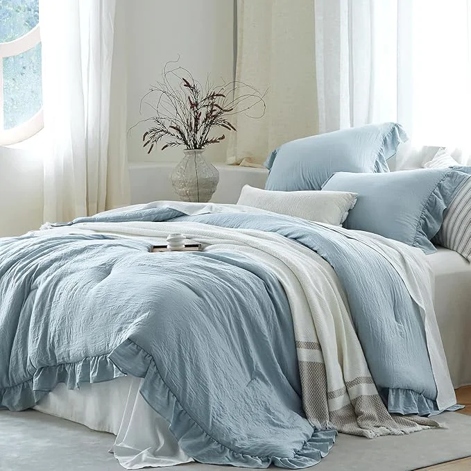 Original Design Blue Ruffle Comforter Set Twin Pre-Washed Shabby Chic Bedding Set Lightweight Cottagecore Soft Romantic Cozy 1 Comforter amp 1 Sham All-Season Versatile