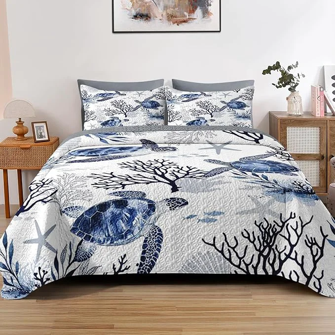 Next-Generation Quilt Set Full Queen Size Ocean Sea Coral 3 Pcs Soft Bed Cover Bedding Set for Kids and Adults Blue Animal Turtle Lightweight Bedspread Coverlet with Pillow Sham for All Season High-Grade