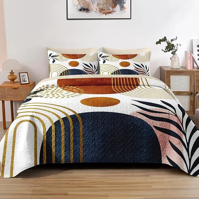 Minimalist Quilt Set Full Queen Size Gold Yellow Mid Century 3 Pcs Soft Bed Cover Bedding Set for Kids and Adults Sun Boho Geometric Leaf Lightweight Bedspread Coverlet with Pillow Sham for All Season Casual