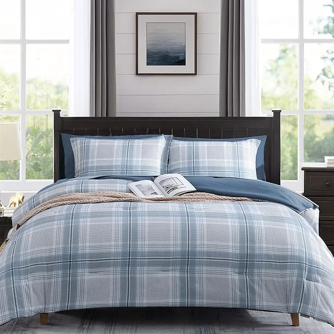 Genuine MaiRêve Plaid Queen Comforter Sets Light Blue Grid Farmhouse Bedding Set Bed in A Bag Classic Checkered Comforter Sets with Fitted amp Flat Sheet Pillowcases amp Shams Light Blue 90 quot x90 quot Convenient